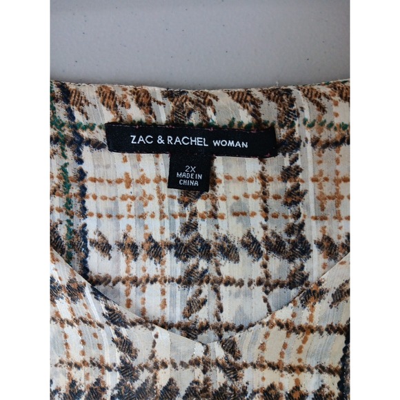 ZAC & RACHEL Blouse Women 2XL Brown Plaid Flowing Long Sleeve Office Lightweight - Picture 7 of 11